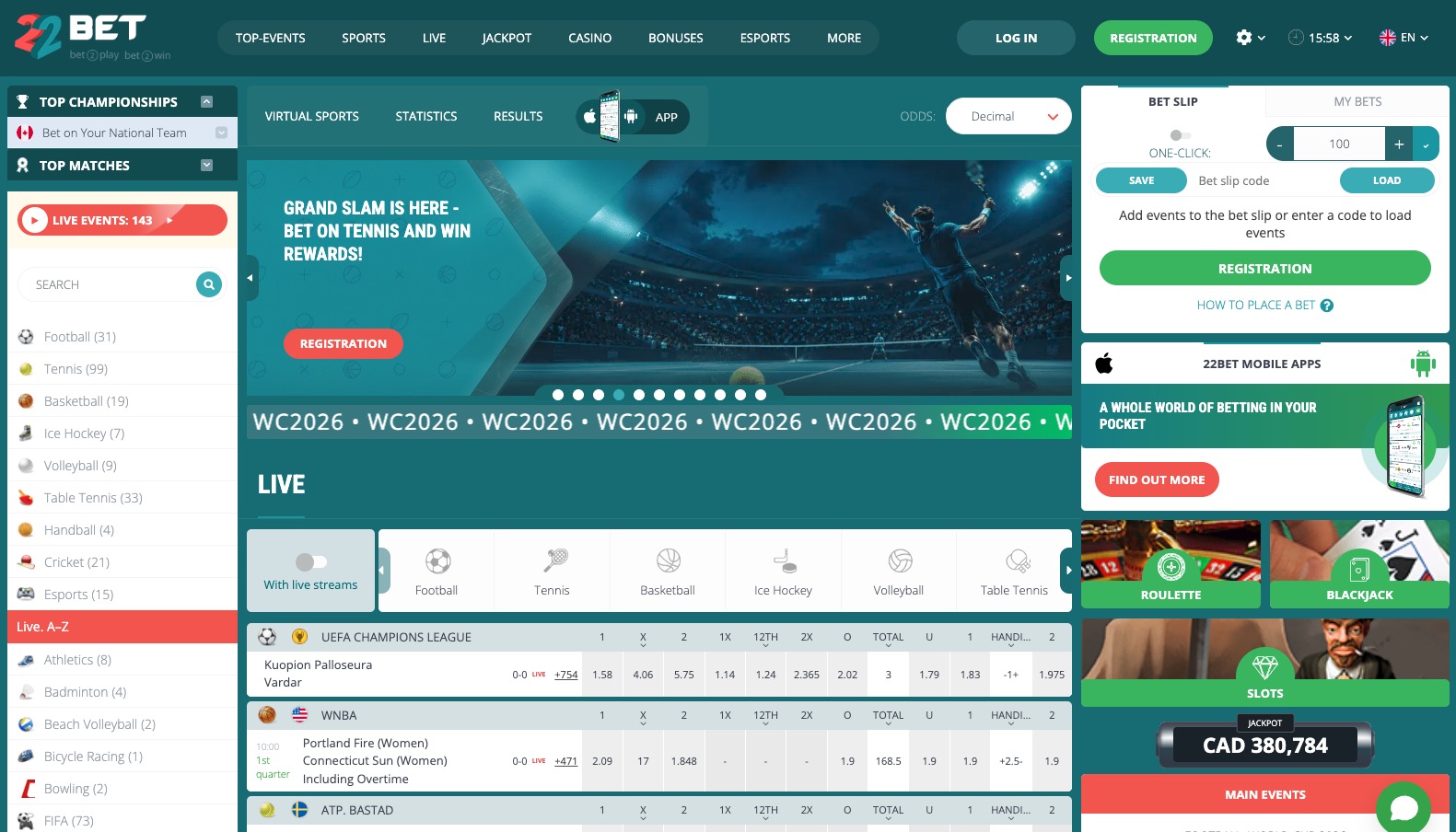 22Bet homepage screenshot on desktop
