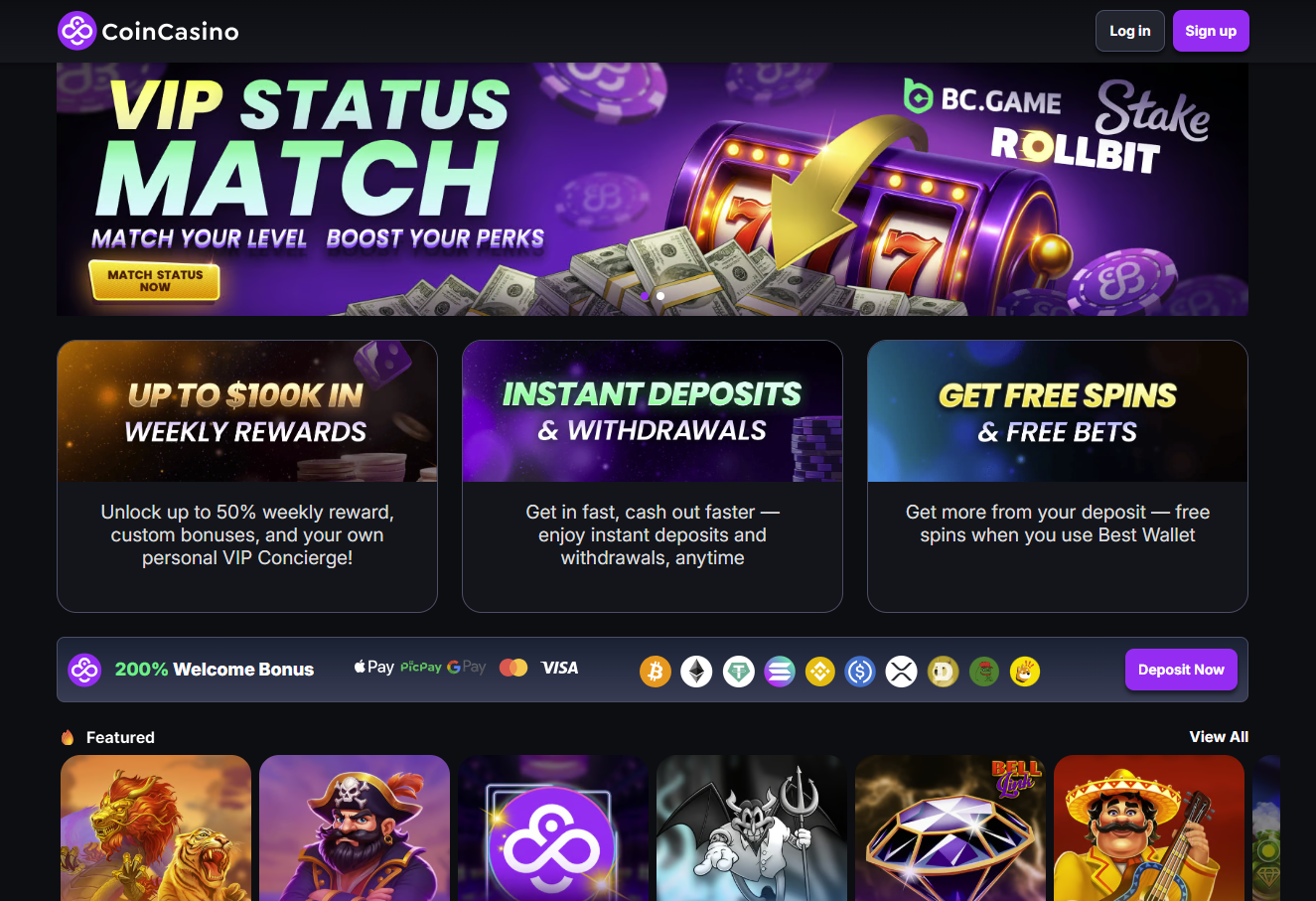 CoinCasino - homepage screenshot on desktop